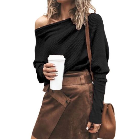 

Сплошной цвет, эластичная женская блузка, сексуальный пуловер с вырезом «летучая мышь», топ, клубная одежда 3XL чёрный