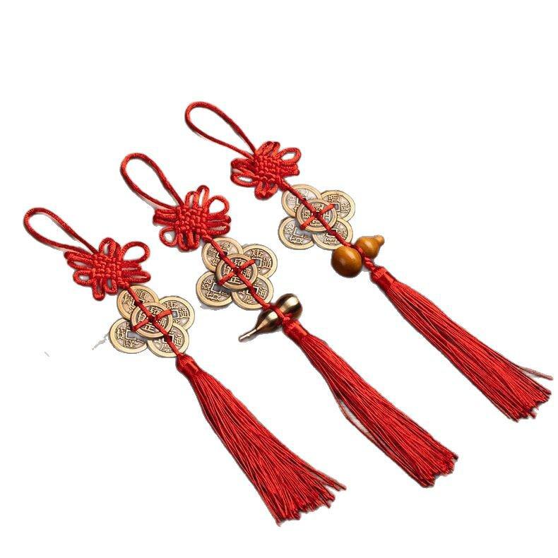 Chinese Knot Brass Five Emperors Coins Pendant with Peach Wood Gourd Ornament for Home or Car