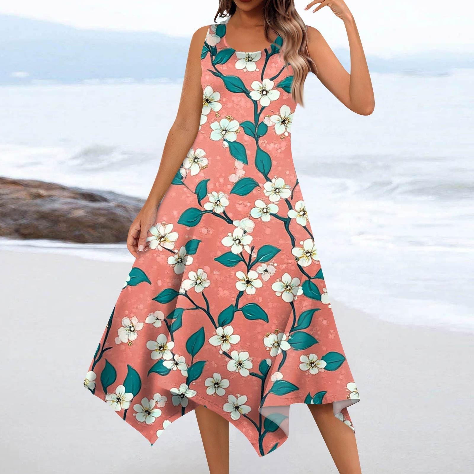 

Женские летние модные платья миди с круглым вырезом без рукавов и цветочным принтом, неровным подолом XL