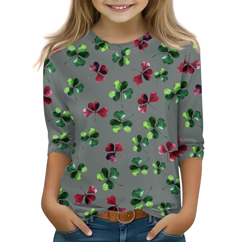 Bedruckte Oberteile für junge Mädchen von 5–16 Jahren, Rundhalsausschnitt, 3/4-Ärmel, T-Shirts, trendige Oberteile, Outfit-T-Shirts