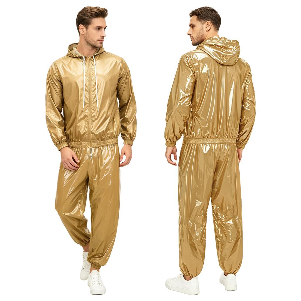 Men Waterproof Hip Hop Dance Outfit Long Sleeve Hooded Jacket with Jogging Pants Raincoat Windbreaker Streetwear Dancewear