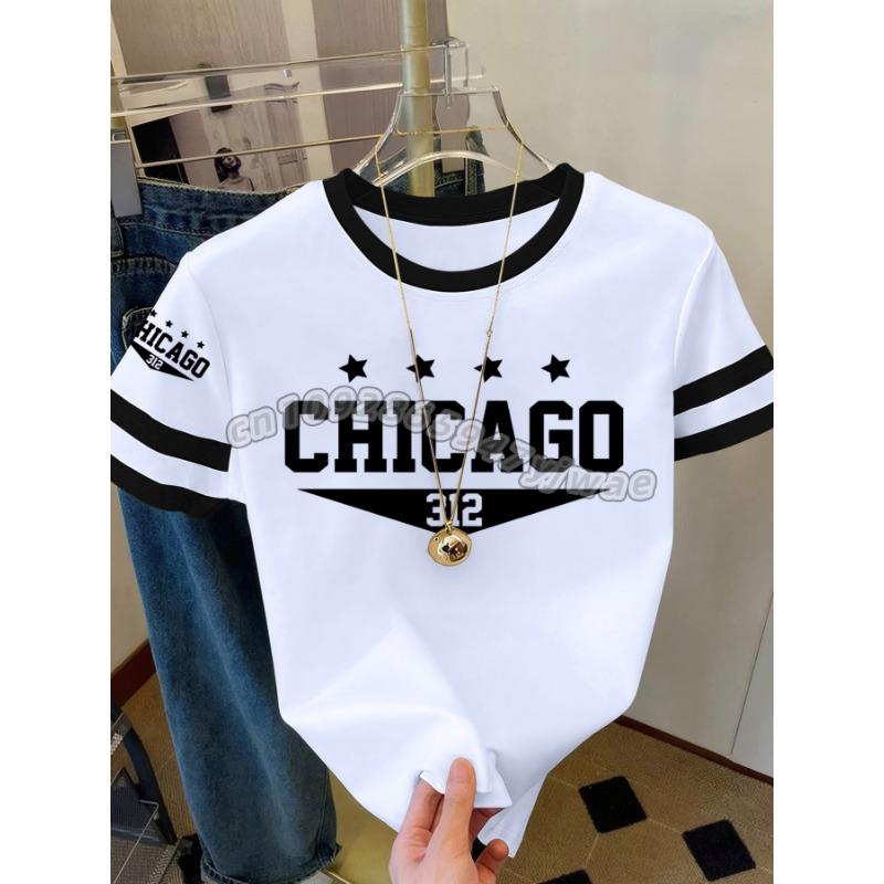 Womens Short Sleeve Color-Block CHICAGO NO.32 Print Y2k T Shirt Girl Round Neck Tee Outdoor Sports Adult Women's T-Shirt