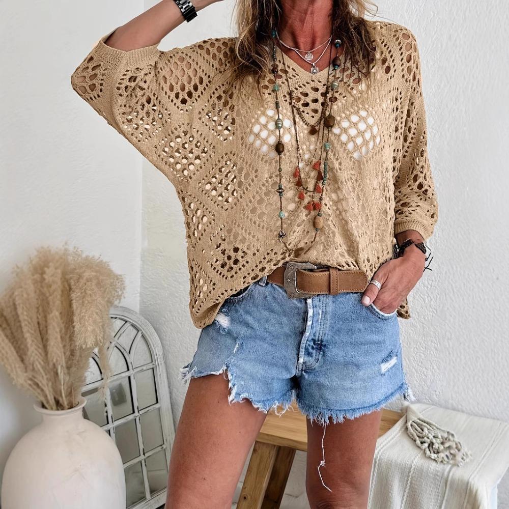 Women Spring Summer V-neck Diamond Hollow Out Batwing Sleeve Knit Sweater Loose Cover Up Blouse