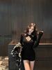 Women's Black Lace-Trim V-Neck Halter Long-Sleeve Slim-Fit Top - Autumn/Winter Fashion, Pure Desire Style