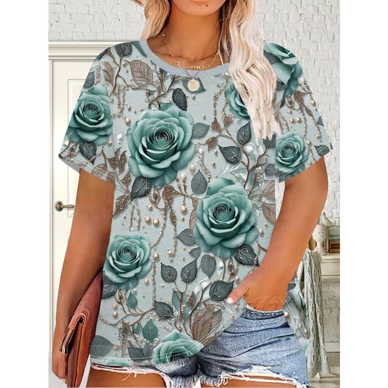 

Women s tops plus size blue printed round neck short-sleeved blouse, fashionable loose slimming top S