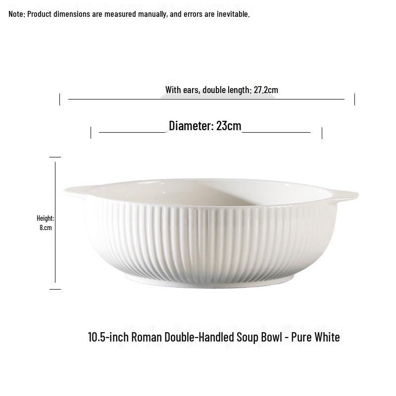 10 Double-Handle Striped Large Soup Bowl - Japanese Minimalist Style, Thickened Ceramic, High Capacity