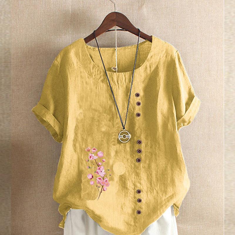 Women's FashionPink Flowers Prined Round Neck Short Sleeve T-shirt Casual Cotton Linen Graphic Shirt Leisure Loose Summer Blouse Tops Plus Size