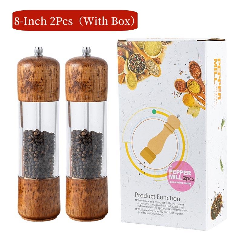 6/8Inch Manual Salt and Pepper Grinder,Solid Wood Spice Shaker Mill Tool With Base,Adjustable Ceramic Core Grinder Kitchen Tools