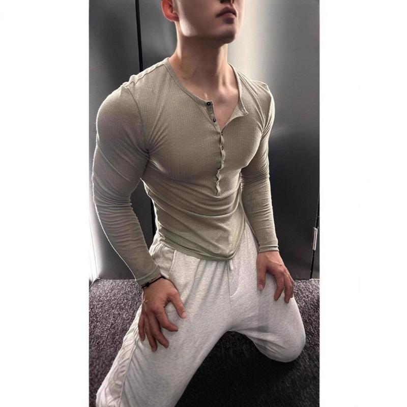Herren Eng anliegendes Stretch-Strick-Henley Langarm Dünnes Atmungsaktives Basis-T-Shirt