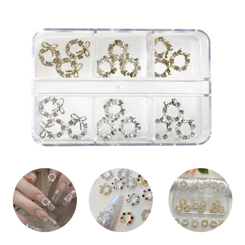 6 Grids Christmas Wreath Nail Art Rhinestone With Pearls Mixed Size Nail Parts Accessories DIY Decoration