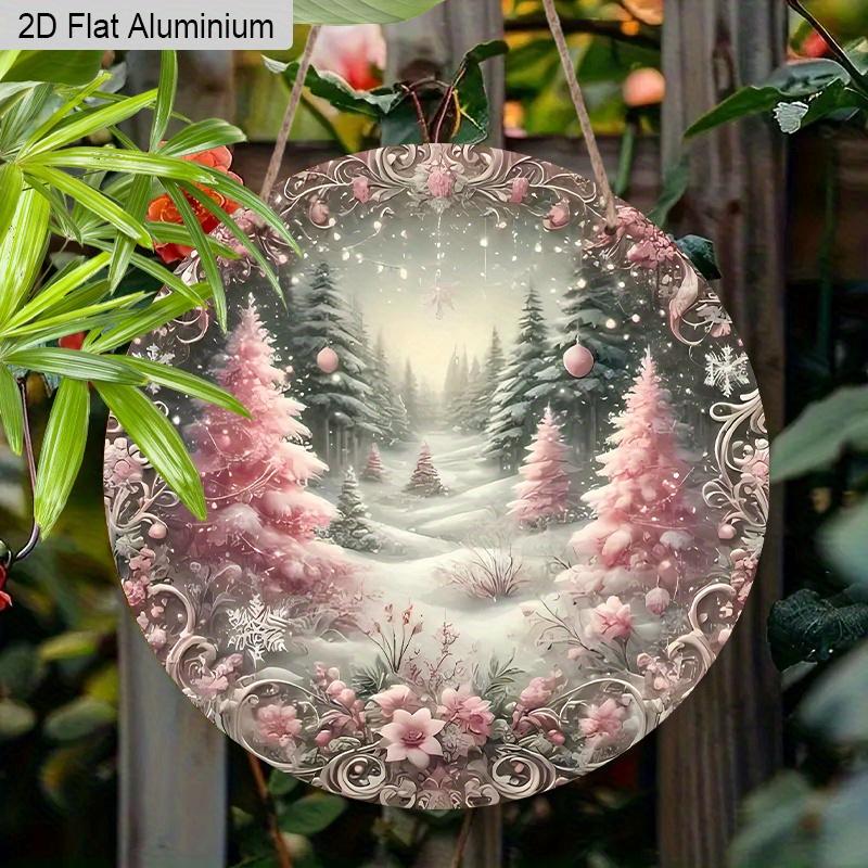 2D Flat Aluminium Pink Christmas Sign with Christmas Trees Pattern - Romantic Figurine Ornaments - Ideal for Front Door, Wall, Porch, Window Decor