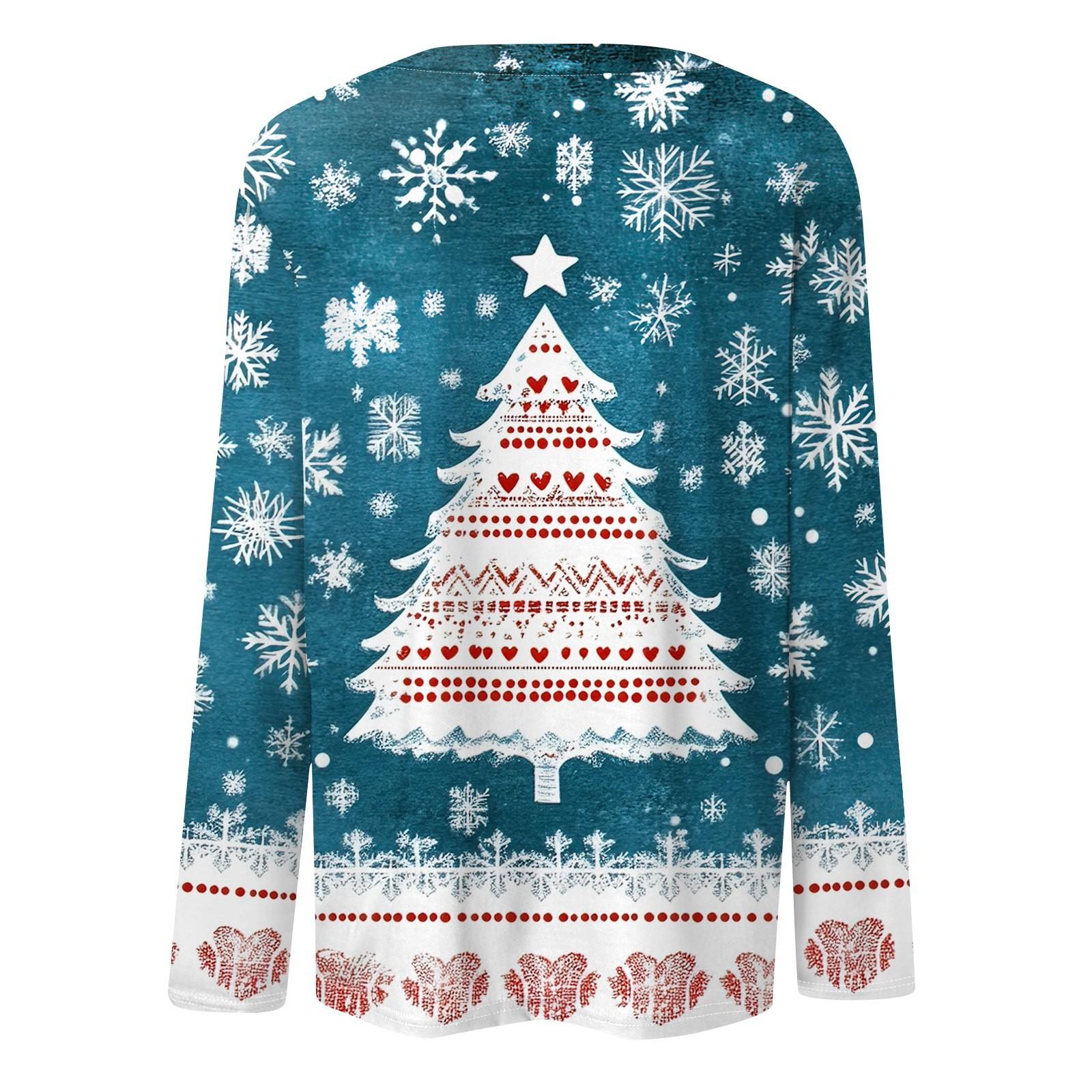 Женская мода повседневный рождественский принт круглый вырез длинный рукав пуловер — фото 4