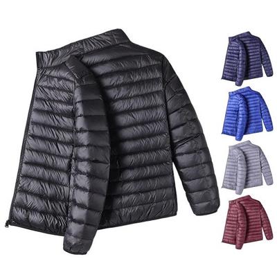Men Cotton Jacket Stand Collar Long Sleeve Zipper Placket Jacket Coat with Pockets Solid Color Quilted Casual Down Jacket