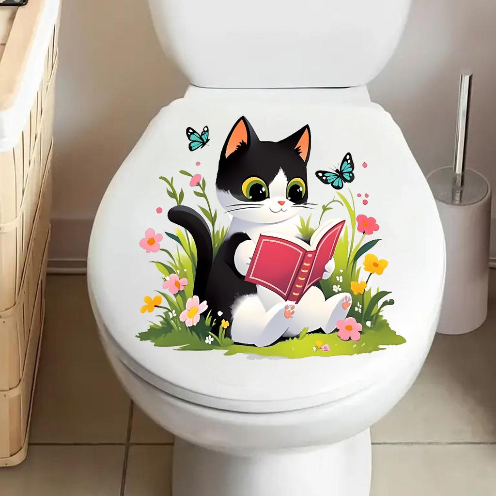 Reading Kitten with Butterflies and Flowers Toilet Wall Sticker Self-Adhesive Removable for Bedroom Living Room Bathroom Decor