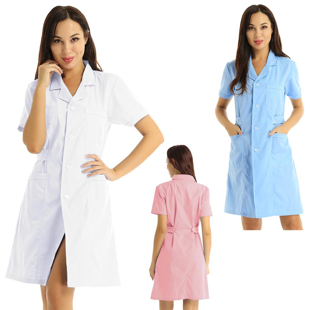 S-XXL Women Adults Lapel Collar Short Sleeve Nurse Scrub Dress - Button Front Solid Color Hospital Lab Coat Uniform