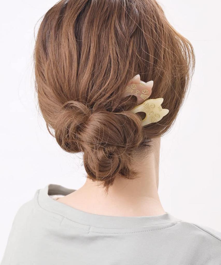 VINGTAINE Cat Motif Cat Hair Two-Pronged Hairpin, Marble, Two-Prong Accessory, H7530-IV-Ivory