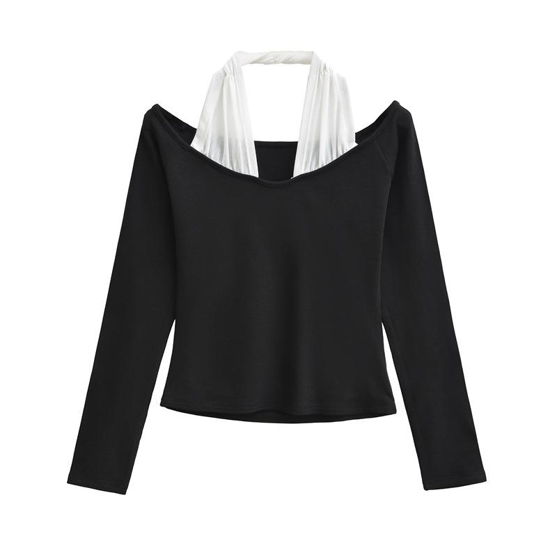 Pure Desire Women s Off-Shoulder Patchwork Long-Sleeve Tee, Spring/Autumn, Waist-Cinched, Slimming, Sexy, Elegant Design Large чёрный