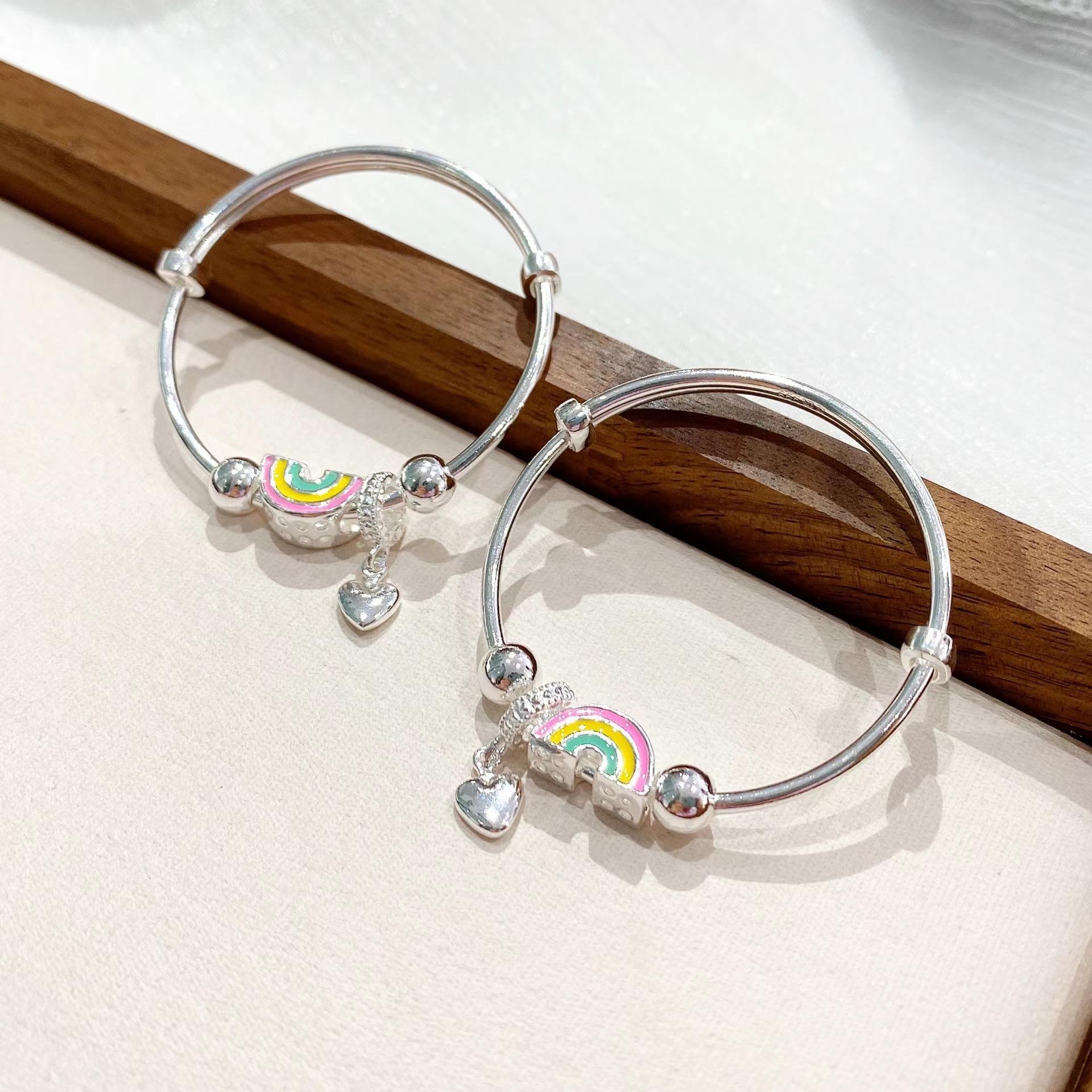 

Детский браслет из цельного серебра S999, чистое серебро, красочный мультяшный цветок, радуга, детский детский пуш-пульный детский серебряный браслет Adjustable size