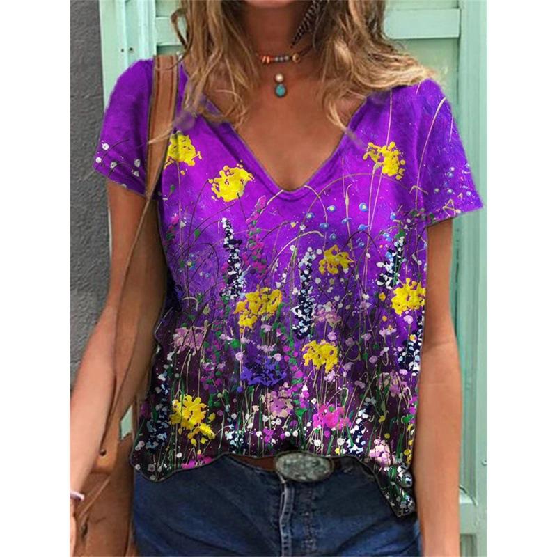 

Летние свободные футболки для пар, модные женские топы с v-образным вырезом и короткими рукавами, повседневные футболки с 3D цветочным принтом L