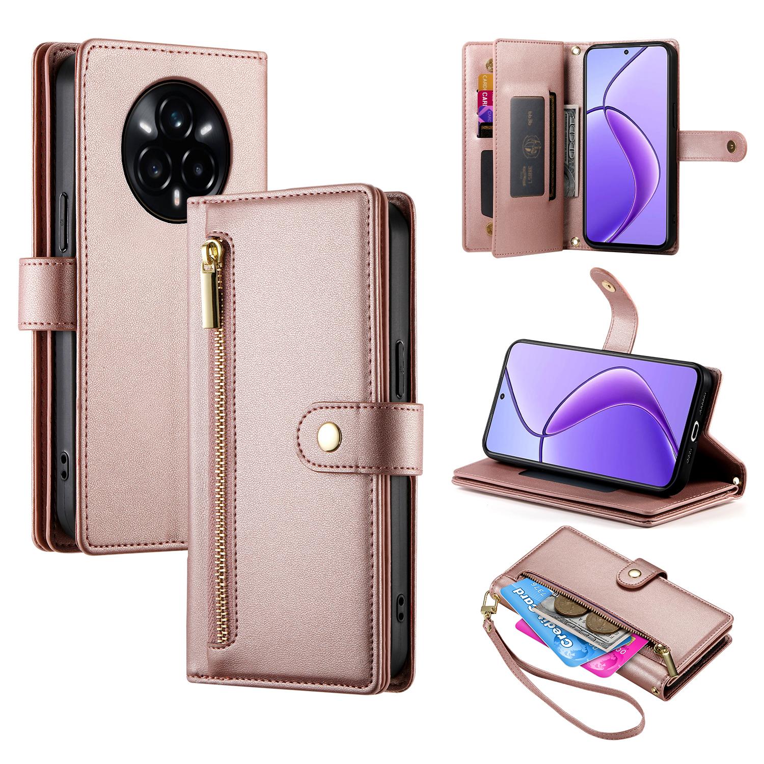 

DF-011 Для Realme 14 Pro+ 5G Чохол Гаманець зі шкіри з кишенею на блискавці та ремінцями Pink