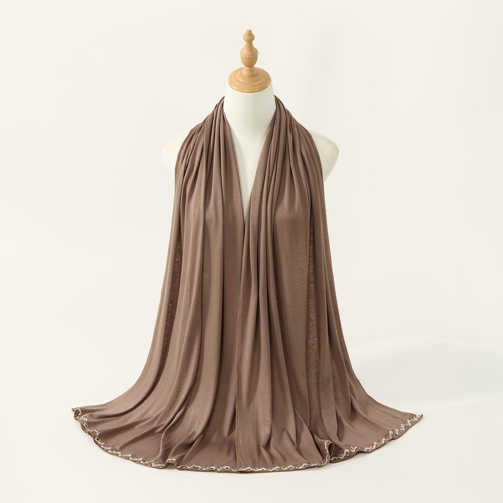 Ramadan Rhinestone Modal Cotton Jersey Hijabs For Woman Long Muslim Scarf Shawl Plain Soft Turban For Women Islamic Clothing