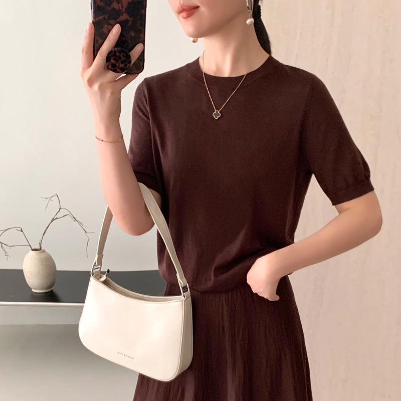 Damen Pullover 100% Wolle Gestrickt - Maschinenwaschbar, Rundhalsausschnitt, Kurzarm, Einfarbig