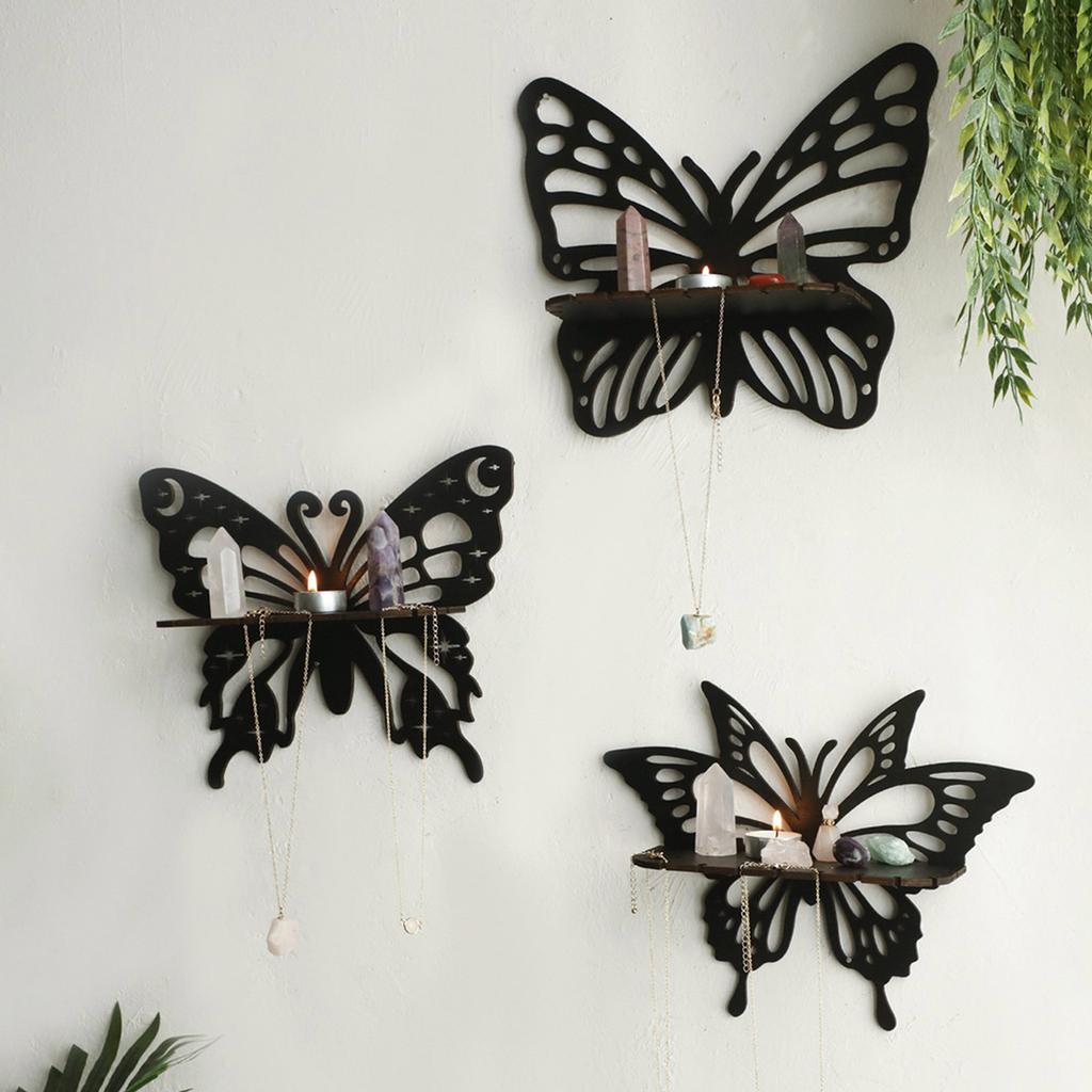 Vintage Butterfly Shape Wood Crystal Shelf Wall Hanging Floating Shelves for Potted Plant Candle Holder Organizers Rack