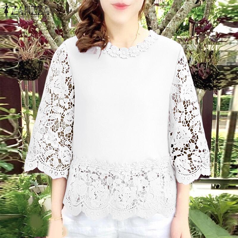 ZANZEA Women Casual Lace Crochet Splice 3/4 Sleeve Loose Blouse