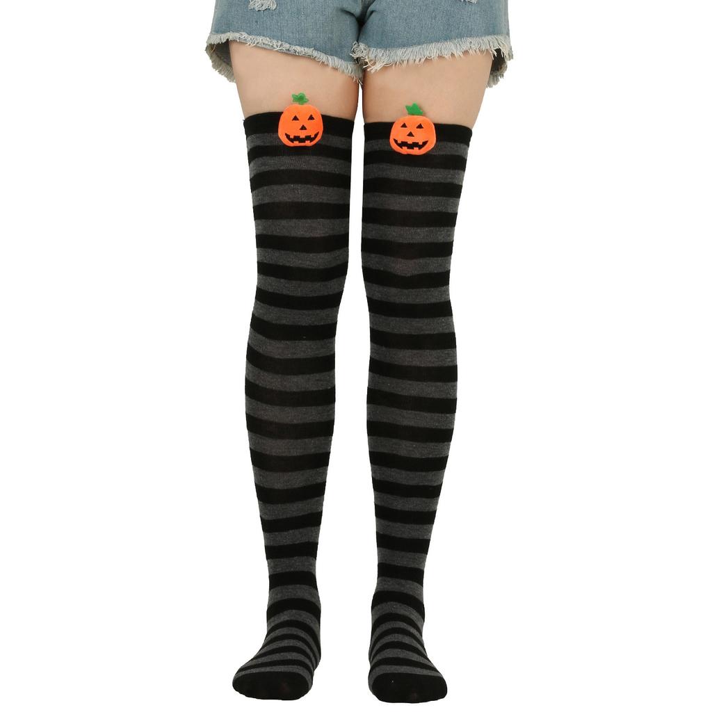 Women Cute 3D Evil Pumpkin Striped Over Knee Long Socks Thigh High Stockings for Halloween Cosplay Party Costume Hosiery