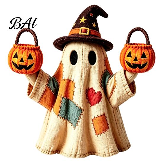 Halloween Tabletop Ornaments Lighted Vintage Patchwork Ghost, LED Light Up Ghost with Pumpkin Lantern, Spooky Indoor Party Supplies Cute Decor