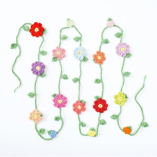Handmade Crochet Flower Garland, Knitting Wool Spring Bunting Floral Ornaments, Colorful Flower Hanging Garland for Boho 1st Birthday Party Supplies,
