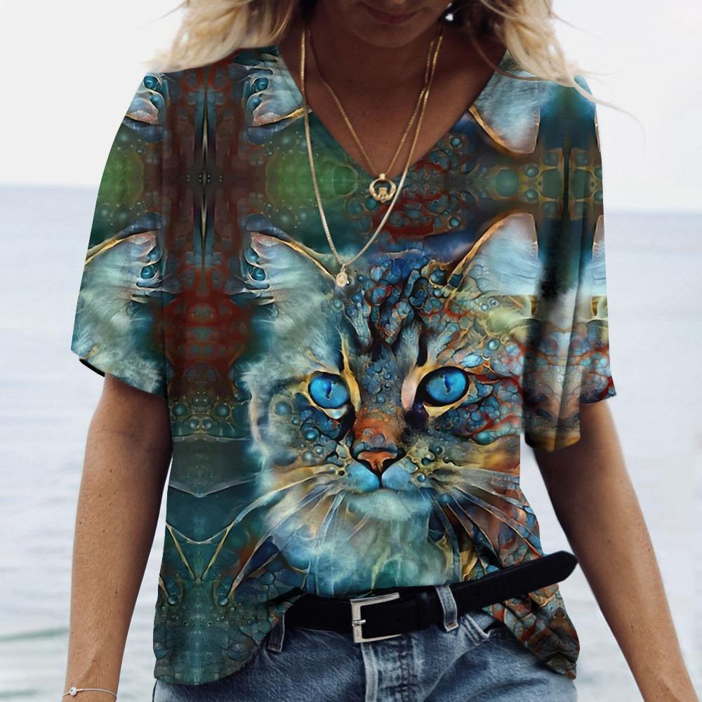 V Neck Tshirt Streetwear Y2k Clothes Women Summer Casual Oversize Dazzle Color Cats Print Shirt Short Sleeve Top Vintage Female