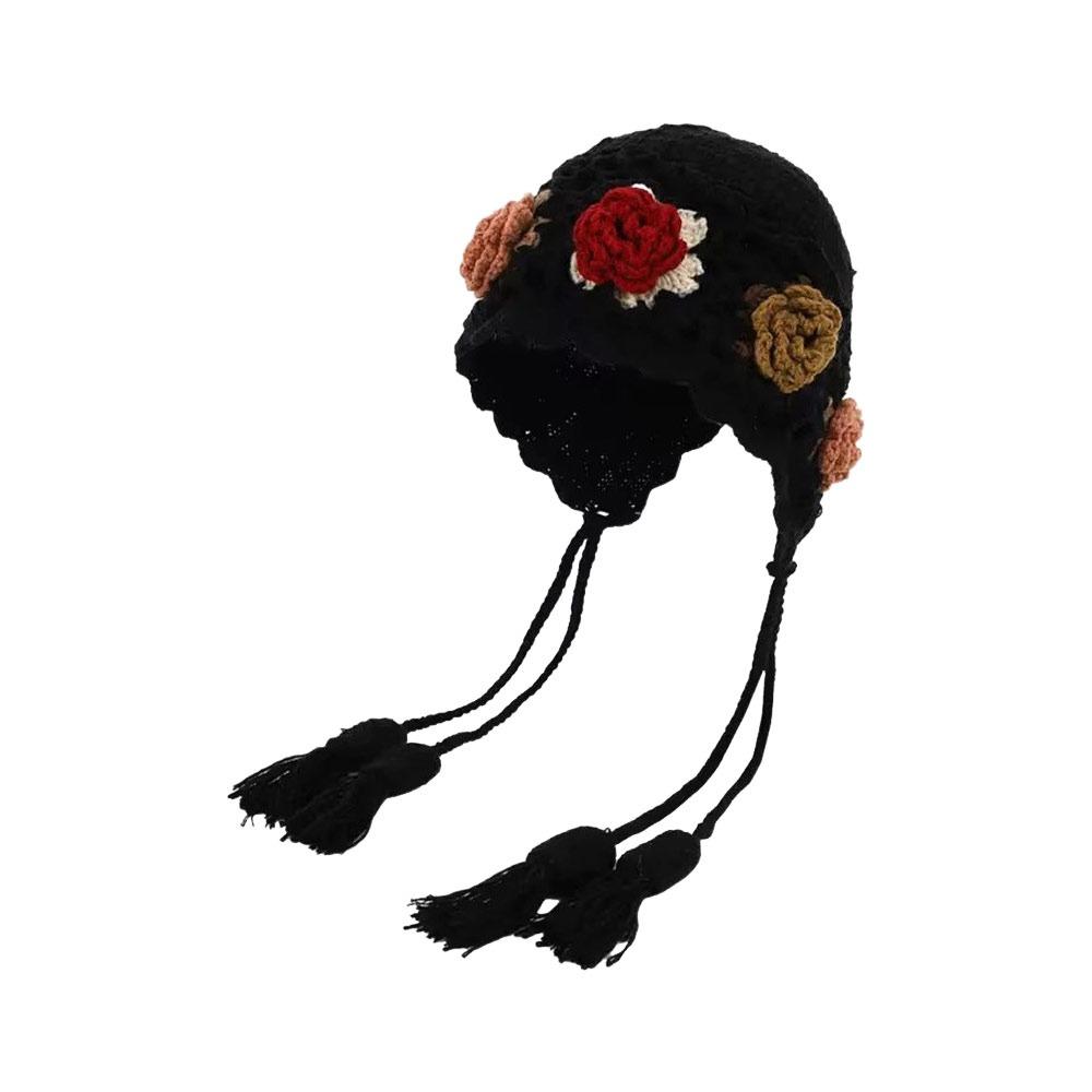 

Tassels Crochet Knitted Hat Hollow Out Handmade Craft Pullover Hat Windproof Bohemian Style Korean Weave Cap Autumn and Winter чорний