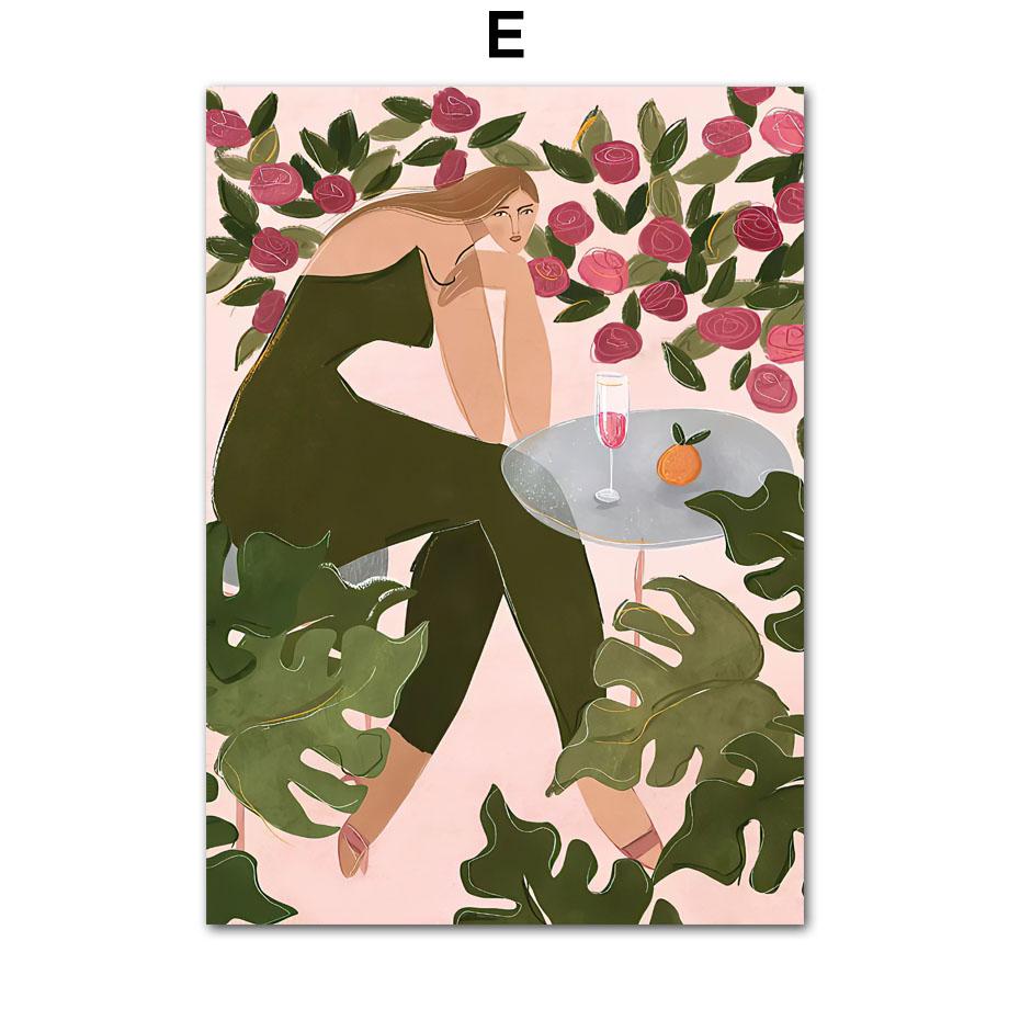 Abstract Boho Fashion Girl Posters Plant Leaves Fruit Flower Minimalist Wall Art Canvas Painting Wall Pictures Living Room Decor