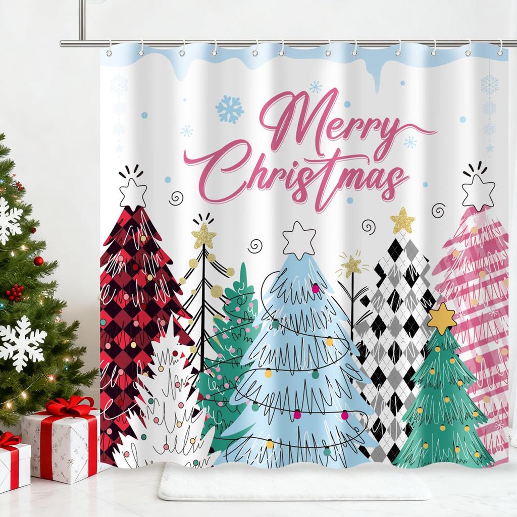 Vikama Christmas Snowman & Jolly Santa Reindeer Decorative Shower Curtain Waterproof Fabric Decorative Bathroom Curtain