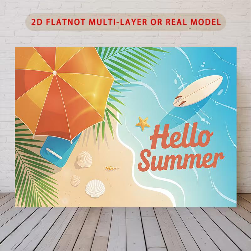 2D Hello Summer Beach Scene Backdrop Surfboard Party Photo Booth Background 47.2x31.5inch/120*80cm