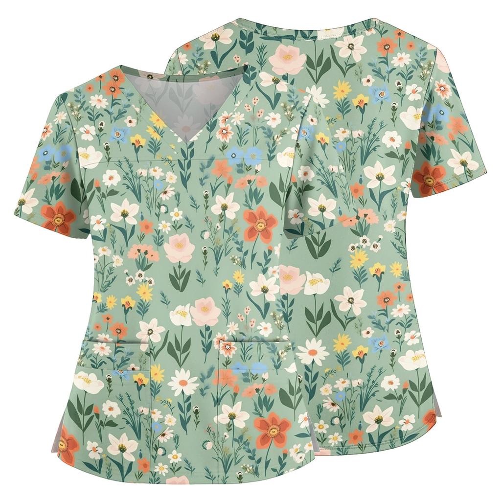 Women Floral Print V Neck Scrub Top with Pockets Side Slits Short Sleeve Medical Uniform Shirt for Healthcare Professionals