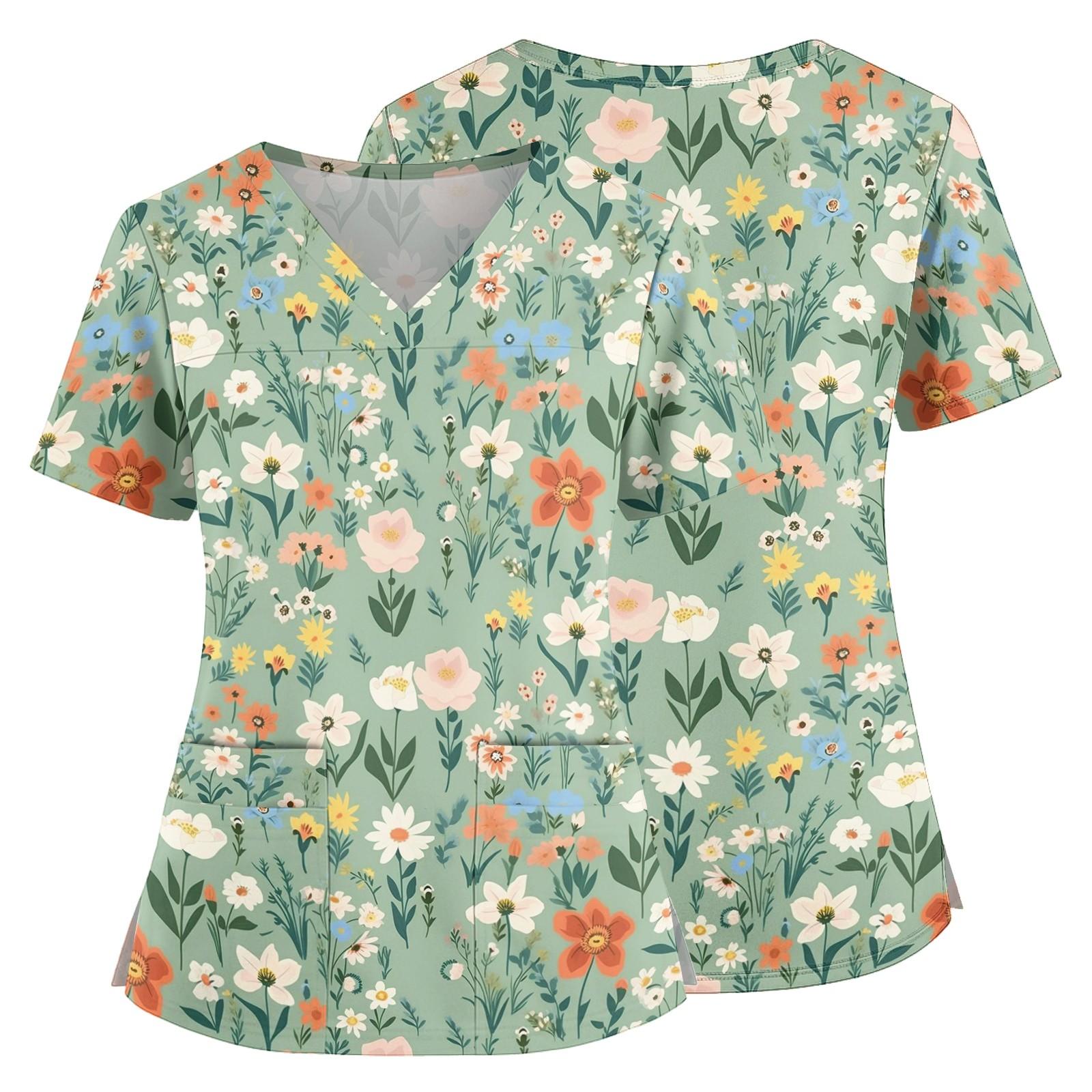 

Women Floral Print V Neck Scrub Top with Pockets Side Slits Short Sleeve Medical Uniform Shirt for Healthcare Professionals XXL
