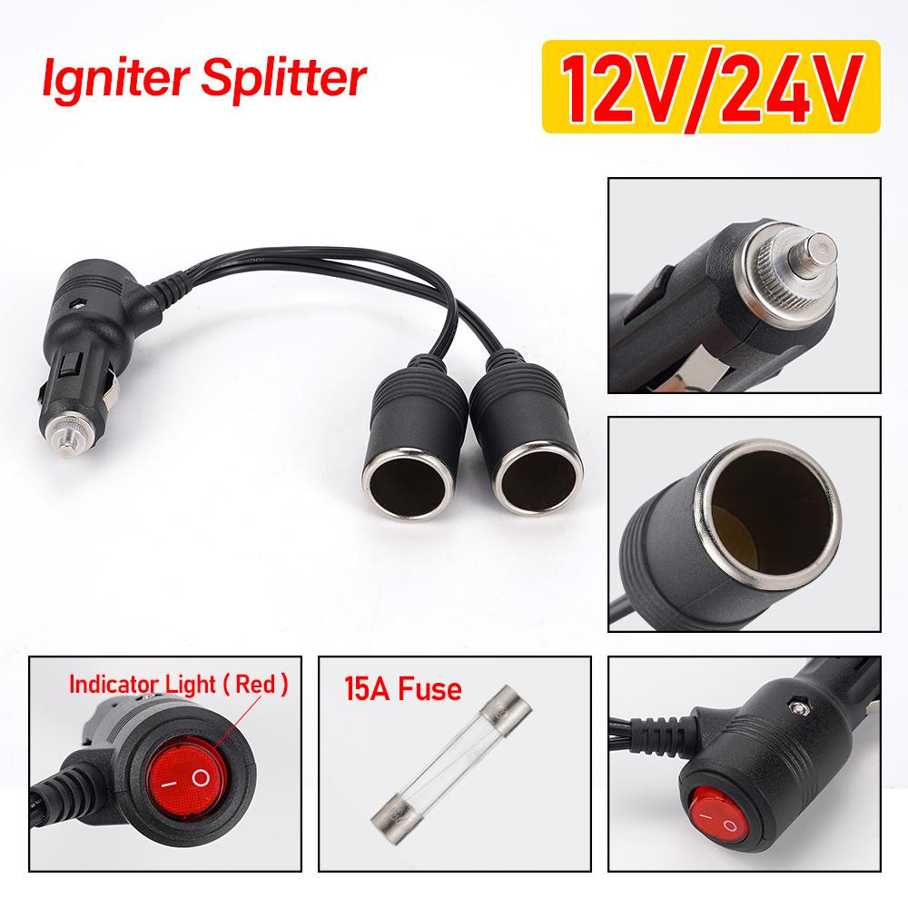 12V 24V Car Cigarette Lighter 1 Male to 2 Female Sockets Y Splitter Cigarette Lighter Splitter Adapter With On Off Switch