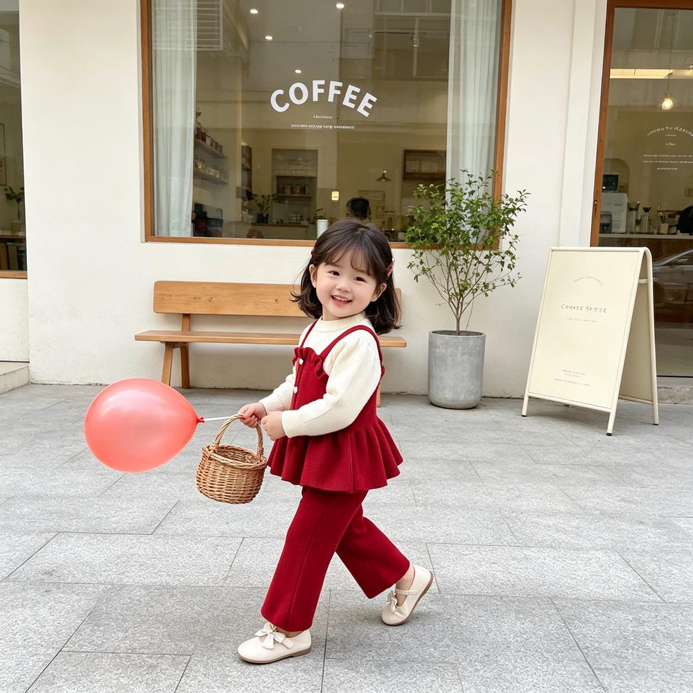 Koreanischer Strick-Zweiteiler für Mädchen: Frühlings-/Herbst-Oberteil- und Hosen-Set für kleine/mittlere Kinder