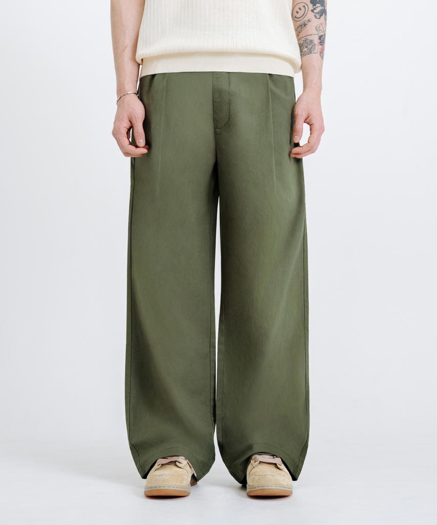 LEMAIN SECOND Linen-Like Elastic Waist Wide Pants [Light Khaki]
