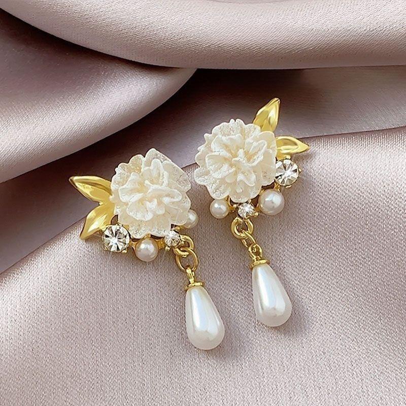 Vintage Red Velvet Flower Pearl Pendant Earrings - Elegant Stud Jewelry for Women