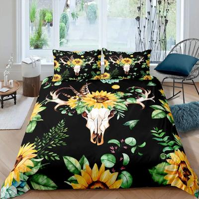 Cow Skull Duvet Cover Queen Sunflower Cattle/Bull Skeleton Bedding Set Botanical Floral Leaves Boho Tribal Polyester Quilt Cover