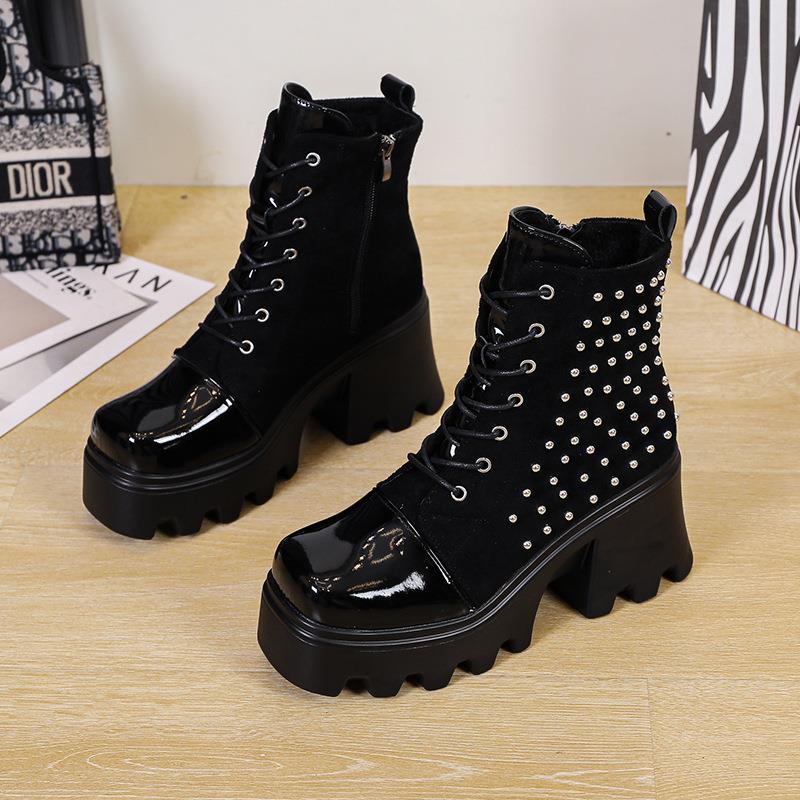 Europe, America, autumn and winter new thick heel side zipper thick bottom fashion rivet knight boots women's muffin women's Martin boots women