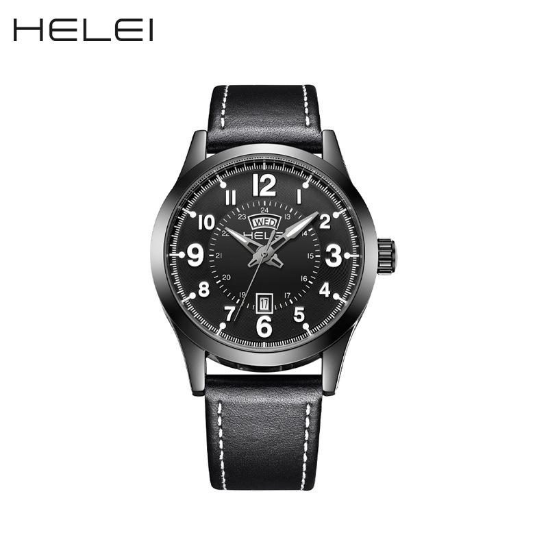 HELEI Wasserdichte Herren-Quarzuhr mit echtem Lederarmband - Modell H9019