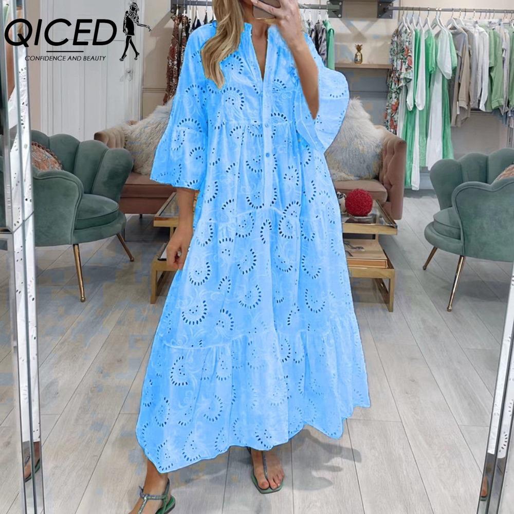 

QICED 8 цветов S-5XL Женская мода Лето Весна Однотонный принт Рукав 3/4 V-образный вырез Повседневные платья M синий