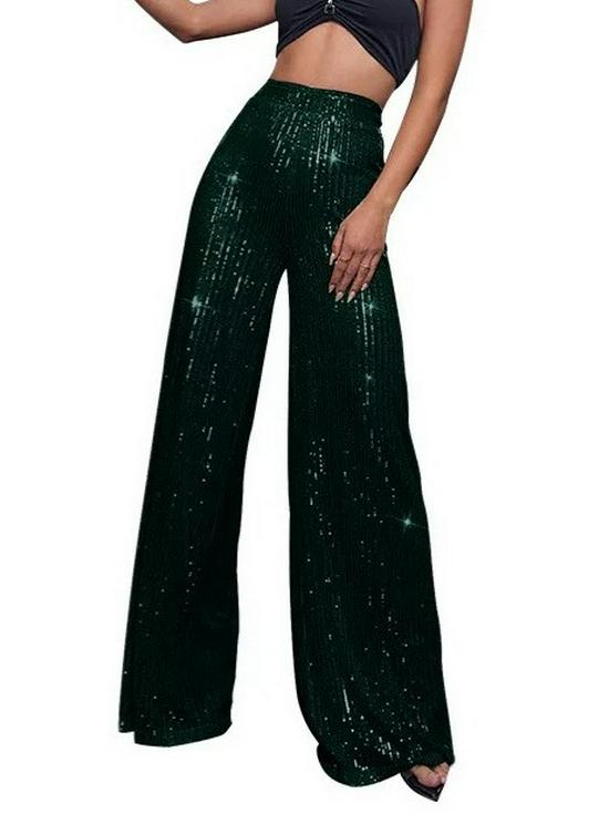 Pantaloni da Donna a Gamba Larga Lunghi Fino ai Piedi con Perle e Paillettes alla Moda 2025