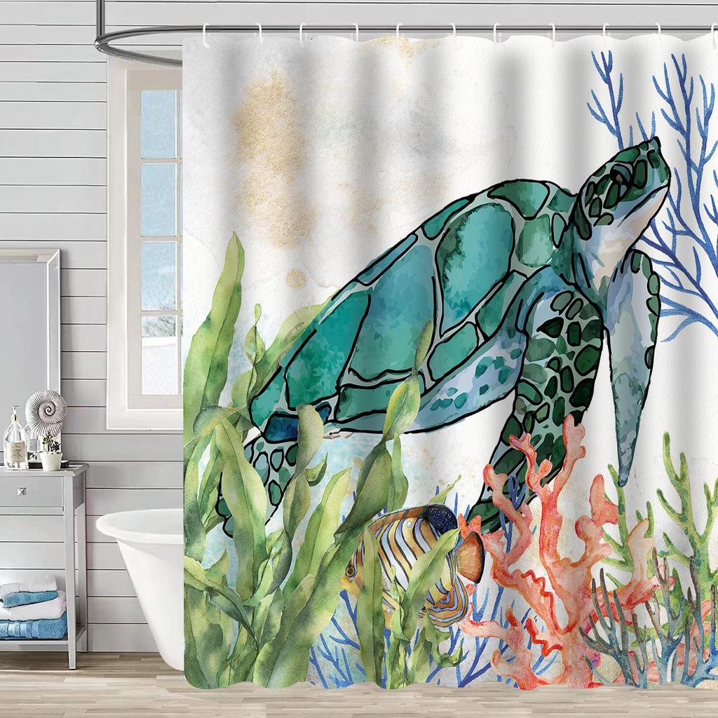 Coastal Marine Shower Curtain: Dolphin, Starfish, Seahorse, Seashell, Sea Turtle - Moisture-Proof, Mildew-Resistant, Waterproof, Beach Bathroom Décor