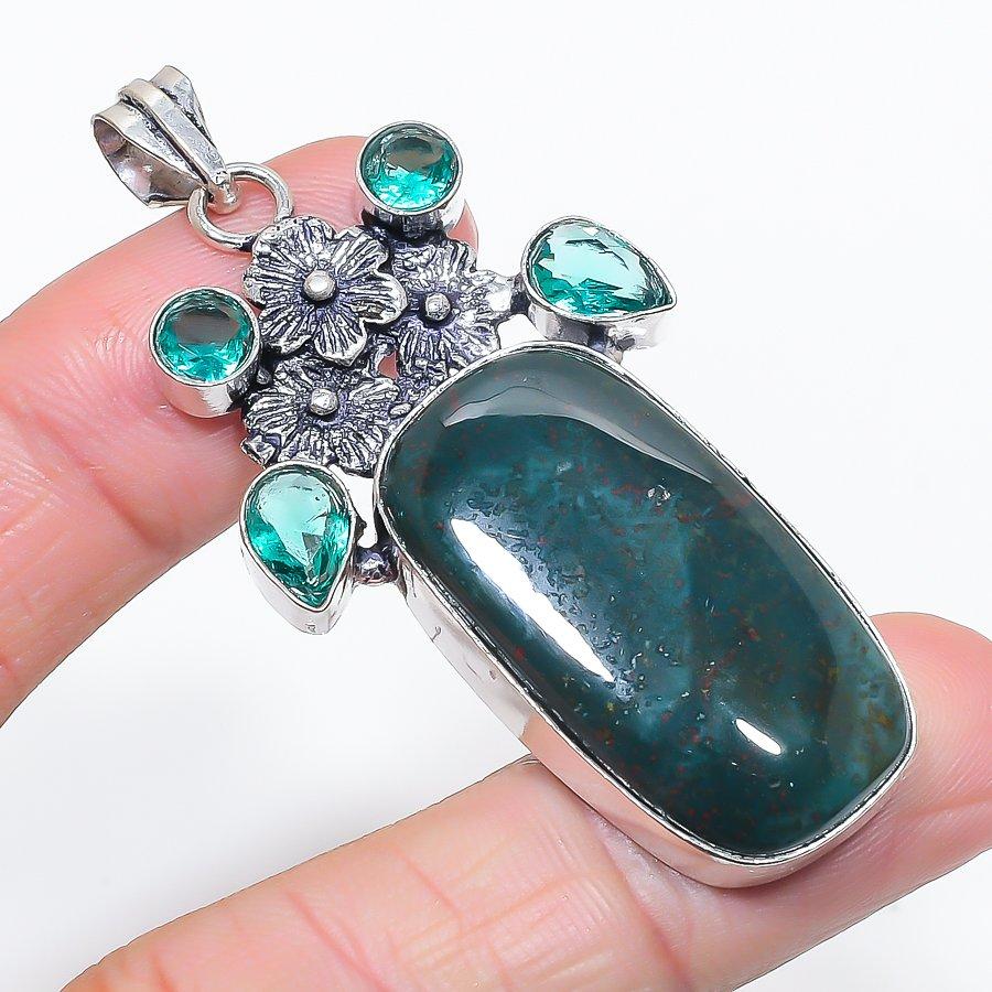 

Natural Bloodstone, Tourmaline 925 Sterling Silver Jewelry Pendant 2.56 y6e09