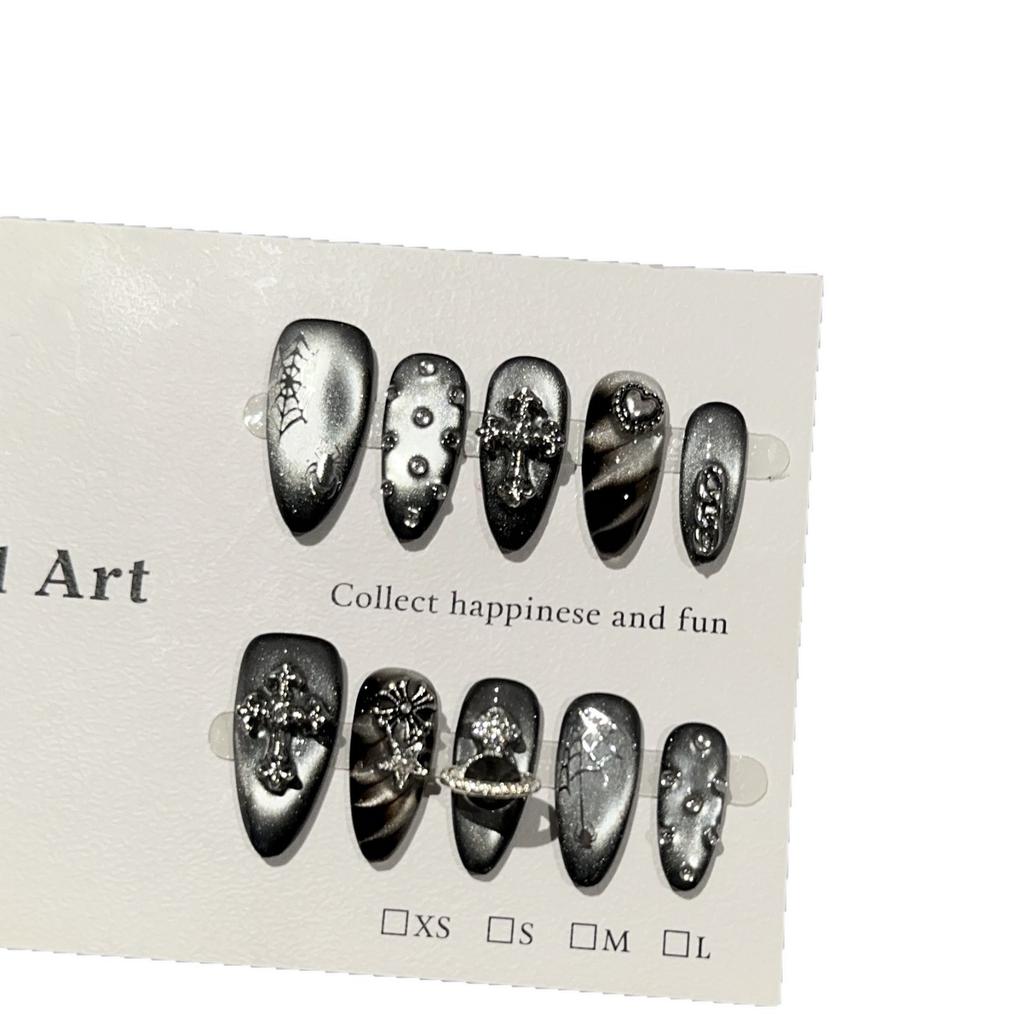False Nails, Handmade Nail Tips, High-end Dark Silver Cat-eye Nail Art, European and American Punk Style False Nail Stickers.